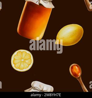 Motif aquarelle sans couture avec pots de miel de linden ambré et citron. Cuillère en bois avec miel. Le miel coule d'un bâton. Immunité tirée à la main Banque D'Images