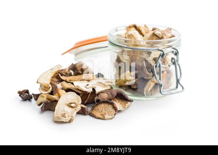 Divers champignons séchés en tranches isolés sur fond blanc. Banque D'Images