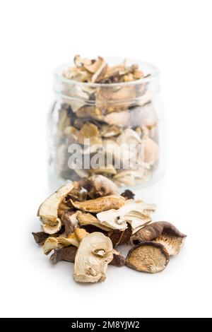Divers champignons séchés en tranches isolés sur fond blanc. Banque D'Images