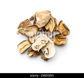 Divers champignons séchés en tranches isolés sur fond blanc. Banque D'Images