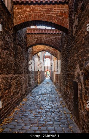 Allée médiévale dans la vieille ville d'Elblag en Pologne. Étroit passage pavé entre les maisons de tenement appelé 'le chemin de l'église'. Banque D'Images