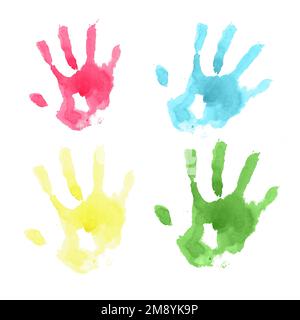 Aquarelle dessinée à la main mains colorées : jaune, vert, bleu, magenta. Une partie de la grande série d'illustrations Holi Banque D'Images