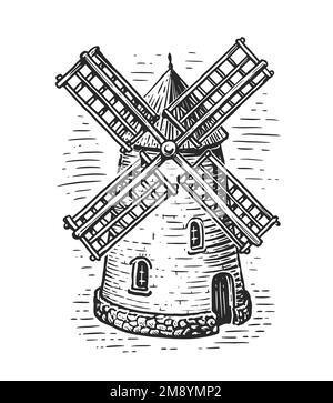 Ancien moulin à vent de style gravure vintage. Moulin de ferme dessiné à la main isolé sur fond blanc. Illustration de l'esquisse Banque D'Images