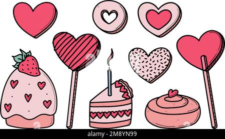 Ensemble de valentines en forme de coeur dessinées à la main avec illustration vectorielle de bonbons romantiques. Cupcake mignon, biscuits, loglop, cannelle rouleau de la collection de gribouilles pour anniversaire et mariage. Illustration de Vecteur