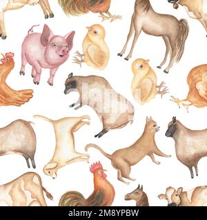 Aquarelle animaux de ferme motif sans couture. Objets dessinés à la main: Mignon cochon rose, mouton, cheval, ruster, drôle de vache, imprimé chat, chien et poule. La vie de pays pour Banque D'Images