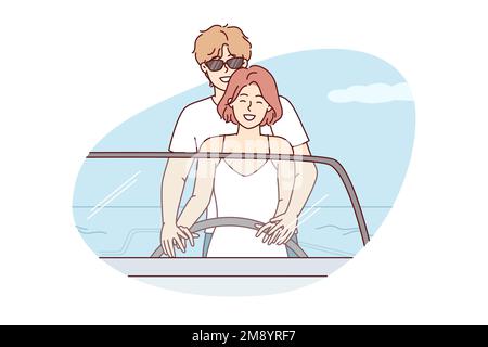 Couple romantique d'homme et de femme en même temps contrôler le bateau tenant la barre appréciant les vacances d'été. Guy embrassant petite amie de derrière pendant la lune de miel Voyage par la mer dans la région tropicale. Conception à vecteur plat Illustration de Vecteur