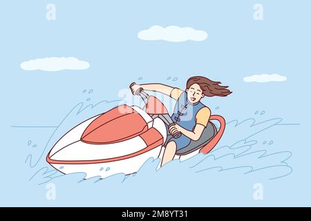 Une femme heureuse avec des promenades en jet ski sur la mer pendant le voyage d'été vers les îles chaudes. Une jeune fille entre pour des courses sportives extrêmes sur vélo d'eau laissant des éclaboussures derrière elle. Illustration vectorielle plate Illustration de Vecteur