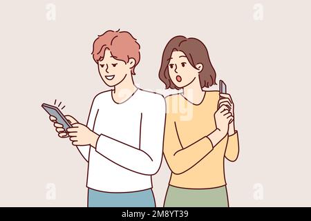 Curieuse femme regardant le téléphone petit ami espionnant la correspondance des médias sociaux pour le concept de méfiance de famille. Une fille choquée se moque de l'homme à l'aide d'un smartphone pour flirter avec l'application de rencontres. Illustration vectorielle plate Illustration de Vecteur