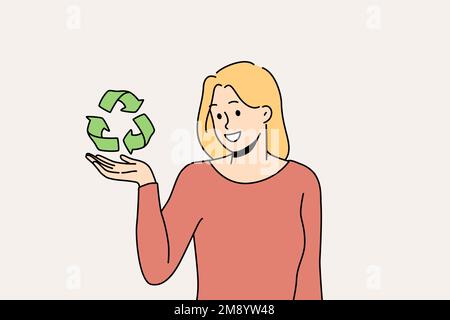 Une jeune femme souriante tenant le panneau de recyclage dans les mains se soucie de la conservation et de la protection de la planète. Bonne militante féminine ou bénévole avec symbole de recyclage. Illustration vectorielle. Illustration de Vecteur