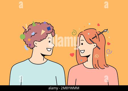 Des personnes diverses avec des mentalités différentes échangent des idées. Souriant homme et femme avec la pensée logique et créative coopérer. Illustration vectorielle. Illustration de Vecteur