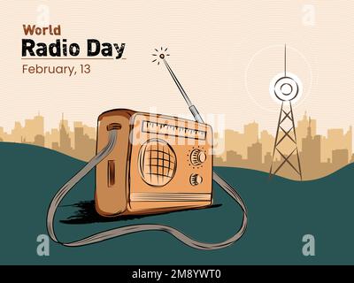 13th février, Journée mondiale de la radio, Cityscape & radio Tower, illustration vectorielle à dessin à la main. Illustration de Vecteur