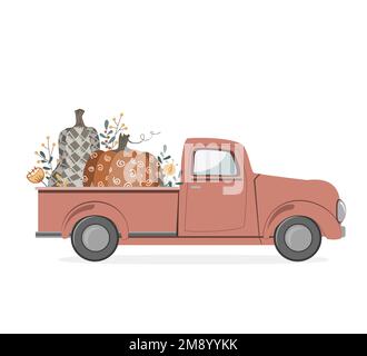 Pick-up rouge vintage avec de jolies grandes citrouilles et des fleurs dans le coffre pour le festival de récolte d'automne. Illustration vectorielle isolée Illustration de Vecteur