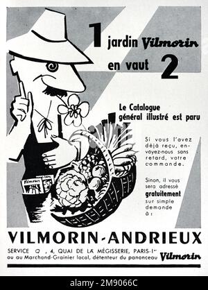 Publicité, publicité, publicité ou illustration vintage ou ancienne pour Vilmorin Français Seed Company ou Seed Producer France. Publicité 1956. Illustré avec l'image de l'homme français ou le jardinier du marché avec panier en osier plein de légumes. Banque D'Images