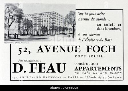 Publicité, publicité, publicité ou illustration vintage ou ancienne pour les appartements haut de gamme ou de luxe sur l'avenue Foch Paris. Publicité 1957 Banque D'Images