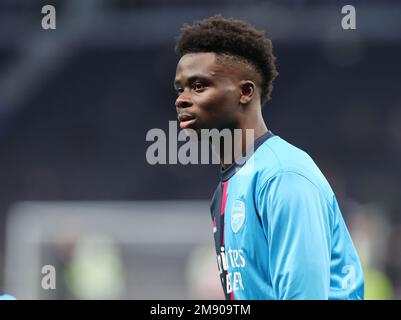 Bukayo Saka d'Arsenal pendant l'échauffement avant le match pendant le match de football de la première ligue anglaise entre Tottenham Hotspur et Arsenalat Tottenham Banque D'Images