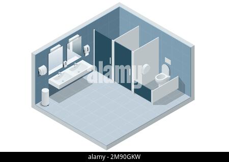 Intérieur des toilettes publiques isométriques propres. Toilettes avec cabines et éviers. toilettes publiques, toilettes, toilettes, toilettes, toilettes. Illustration de Vecteur