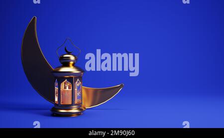 3D fond de Ramadan avec lanterne dorée, croissant de lune et espace de copie. Banque D'Images