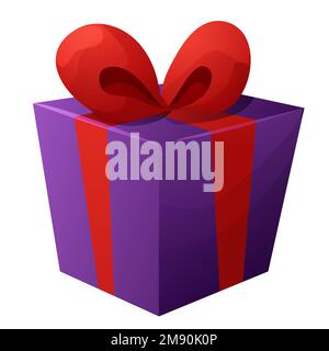 Boîte cadeau avec noeud rouge, ruban cadeau mignon avec papier emballé, surprise dans le style de dessin animé isolé sur fond blanc. Illustration vectorielle Illustration de Vecteur