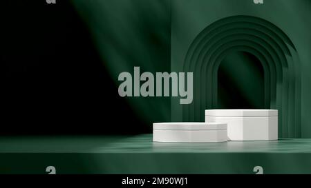 Un podium blanc minimal avec une maquette verte sur fond vert, 3D rendus Banque D'Images