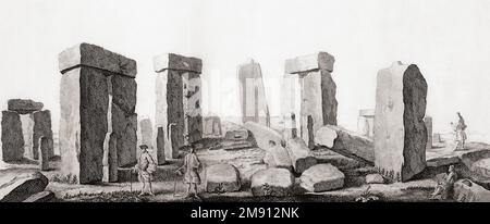 Stonehenge, Wiltshire, Angleterre. Le monument préhistorique de l'âge de bronze est censé dater d'environ 3000 - 2000 av. J.-C. Après une gravure du 18th siècle par Andrew Motte après une oeuvre de William Stukeley. Banque D'Images