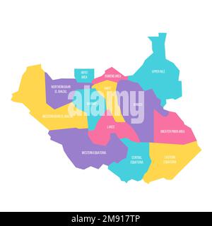 Soudan du Sud carte politique des divisions administratives - Etats, zones administratives et zones ayant un statut administratif spécial. Carte vectorielle colorée avec étiquettes. Illustration de Vecteur