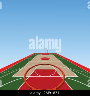 Terrain de basket-ball avec plancher en bois, tableau de bord au plafond et sièges de secteur de ventilateur vide dessin animé vecteur illustration. Stade intérieur moderne, Wi éclairé Illustration de Vecteur