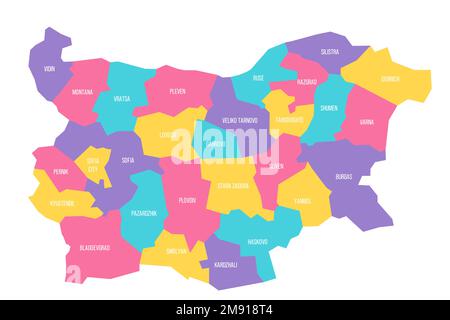 Bulgarie carte politique des divisions administratives - provinces et régions. Carte vectorielle colorée avec étiquettes. Illustration de Vecteur