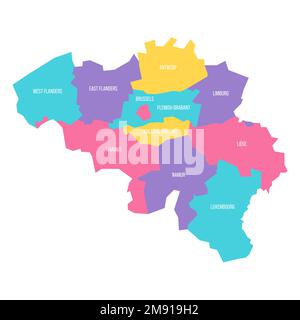 Belgique carte politique des divisions administratives - provinces. Carte vectorielle colorée avec étiquettes. Illustration de Vecteur