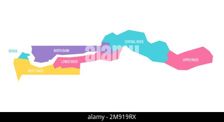 La Gambie carte politique des divisions administratives - régions et ville de Banjul. Carte vectorielle colorée avec étiquettes. Illustration de Vecteur