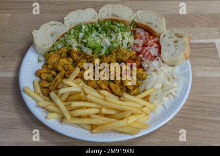 Bistro dishe culinaire Still Life. Poulet oriental avec salade, accompagnement de tomates, oignons, frites et tranche de pain Banque D'Images