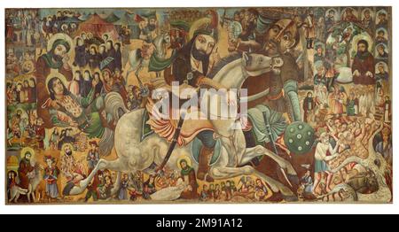 Bataille de Karbala Abbas Al-Musavi. Bataille de Karbala, fin 19th-début 20th siècle. Huile sur toile, 69 1/16 × 134 1/2 × 2 1/4 in. (175,4 × 341,6 × 5,7 cm). Cette peinture commémore le martyre de l'Imam Husayn, petit-fils du prophète Mahomet et troisième imam, ou chef, des musulmans shica. Husayn a été tué par les forces de l'Umayyad caliph Yazid I (r. 680–683) dans le désert de Karbala, dans le centre de l'Irak, en 680 c.e. Cette bataille souligne le fossé entre les branches sunnites et shica de l’islam ; Husayn a mené une résistance contre ce que les musulmans shica croyaient être l’illegi des Omeyyades Banque D'Images