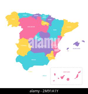 Espagne carte politique des divisions administratives - communautés autonomes et villes autonomes de Ceuta et Melilla. Carte vectorielle colorée avec étiquettes. Illustration de Vecteur