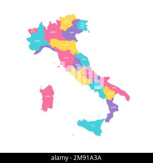 Italie carte politique des divisions administratives - régions. Carte vectorielle colorée avec étiquettes. Illustration de Vecteur