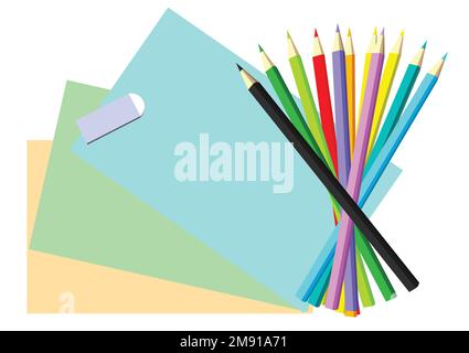 Concept d'affaires et de design lot de crayons de couleur et un crayon de couleur rose sur fond de papier blanc. C'est le symbole du leadership. travail d'équipe. succès et Illustration de Vecteur