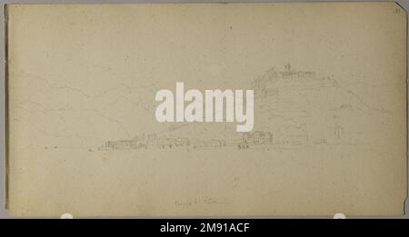 Italian Sketchbook Sanford Robinson Gifford (américain, 1823-1880). Italian Sketchbook, 1867-1868. Graphite sur papier vélin Havane, grammage moyen, légèrement texturé, 5 x 9 x 7/16 po. (12,7 x 22,9 x 1,1 cm). Ce carnet de croquis a servi de journal de voyage pour le peintre paysagiste de l'École de l'Hudson, Sanford Robinson Gifford, lors de ses voyages en France, en Suisse et en Italie. Dans cette étendue de deux pages représentant l'église de Santa Caterina del Sasso, perchée de façon précaires sur le bord d'une falaise surplombant le lac majeur en Italie, les lignes précises et assurées de Gifford illustrent ses compétences en tant que dessinateur. A pr Banque D'Images