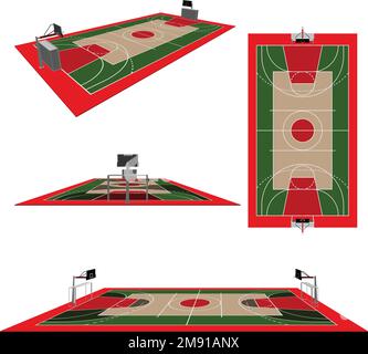 Terrain de basket-ball avec plancher en bois, tableau de bord au plafond et sièges de secteur de ventilateur vide dessin animé vecteur illustration. Stade intérieur moderne, Wi éclairé Illustration de Vecteur