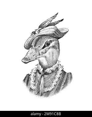 Personnage de canard dans un chapeau. Dame ou dame à la mode. Oiseau dessiné à la main. Ancienne esquisse monochrome gravée. Illustration de Vecteur