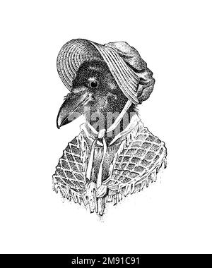 Dame ou dame Crow. Personnage dans un chapeau. Aristocrate à la mode. Oiseau dessiné à la main. Ancienne esquisse monochrome gravée. Illustration de Vecteur