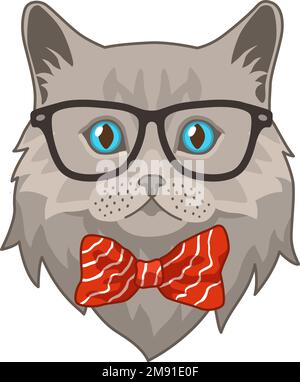 Chat dans des verres avec papillon cravate. Adorable tête d'animal, drôle avatar hipster, personnage tendance, icône web, imprimé moderne, élément décoratif, vecteur Illustration de Vecteur