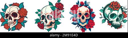 Jeu d'icônes de crâne vectoriel et de logo de fleur de rose. Art Halloween florale détail tatouage collection d'illustration, rétro vintage design arrière-plan. Squelette tête mort symbole gothique décoration Illustration de Vecteur