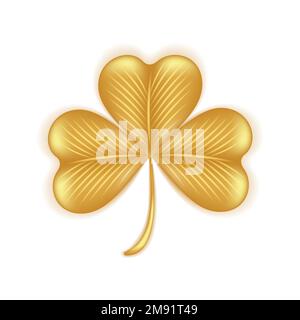 Golden shamrock 3D. Symbole de Happy St. Patrick Day et Bonne chance. Feuille de trèfle isolée sur fond blanc. Illustration vectorielle. Illustration de Vecteur