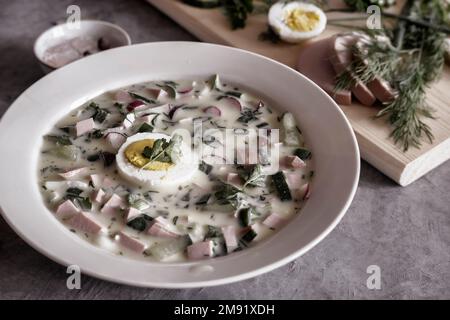 Soupe traditionnelle russe d'été froide - okroshka avec légumes frais, saucisses et kéfir. Composition avec plats traditionnels et épices. Vue de l'ab Banque D'Images