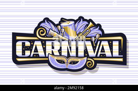 Bannière vectorielle pour Carnaval, étiquette horizontale sombre avec illustration du masque de carnaval de venise violet, instruments de musique, confetti décoratifs et le marché à grande échelle Illustration de Vecteur