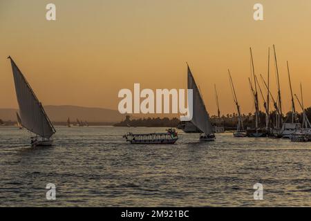 Vue en soirée des bateaux à voile felucca sur le Nil à Louxor, Égypte Banque D'Images