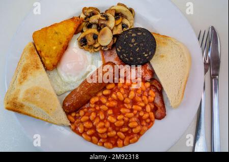 Tableau blanc avec petit déjeuner anglais complet avec bacon, œuf frit, haricots, tomate, saucisse rôtie, pudding noir, fons, pommes de terre sautées et champignons frits c Banque D'Images