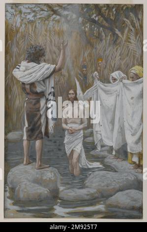 Le Baptême de Jésus (Baptême de Jésus) James Tissot (français, 1836-1902). Le Baptême de Jésus (Baptême de Jésus), 1886-1894. Aquarelle opaque sur graphite sur papier vélin gris, image : 8 1/2 x 5 1/2 po. (21,6 x 14 cm). Selon Matthieu, Jésus voyage de Galilée à Judée pour être baptisé par Jean-Baptiste dans le Jourdain. Bien que Jean proteste humblement et suggère que c'est lui qui devrait être baptisé par Jésus à la place, Jésus insiste. Ici, une colombe descend des cieux alors que Jésus émerge de l'eau, tandis qu'une voix d'en haut l'appelle « mon fils bien-aimé ». Peut-être en référence à l'oreille Banque D'Images