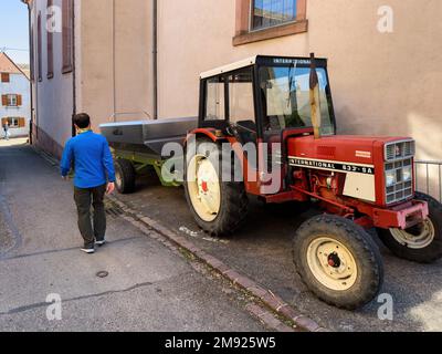 France - 22 septembre 2022 : vue arrière d'un fermier mâle marchant près d'un tracteur d'époque International 633-S avec remorque à caisse en acier Banque D'Images