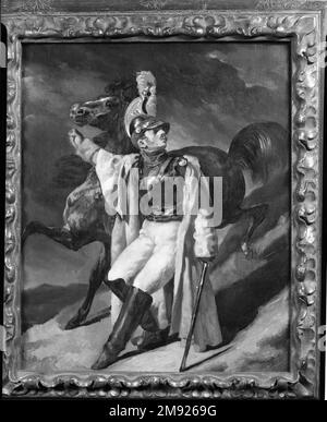 Les blessés Cuirassier, étude (le Cuirassier blessé quitant le feu, esquisse) Théodore Géricault (français, 1791-1829). Les blessés Cuirassier, étude (le Cuirassier blessé quitant le feu, esquisse), 1814. Huile sur toile, 21 3/4 x 18 1/8 in. (55,2 x 46 cm). Ici, un soldat de la cavalerie de l’empereur Napoléon conduit son cheval vers le bas, regardant en arrière un ciel sombre et inquiétant. Les diagonales répétées de la composition – les jambes étirées de l’homme et du cheval, l’épée et la pente du terrain accidenté – accentuent la tension physique et psychologique de la scène. La toile de Brooklyn est une étude pour une grande peinture (maintenant Banque D'Images