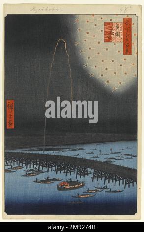 Feux d'artifice à Ryogoku (Ryogoku Hanabi), n° 98, provenant de cent vues célèbres d'Edo Utagawa Hiroshige (Ando) (japonais, 1797-1858). Feux d'artifice à Ryogoku (Ryogoku Hanabi), n° 98 de cent vues célèbres d'Edo, 8th mois de 1858. Imprimé blocs de bois, feuille : 14 1/4 x 9 1/4 po (36,2 x 23,5 cm). En été et au début de l'automne, la rivière Sumida a été le théâtre d'une coutume connue sous le nom de « prendre dans la fraîcheur de la soirée ». L'activité a été centrée sur le pont de Ryōgoku, où une variété infinie de divertissements a été offerte sur terre et sur l'eau. L'endroit idéal n'était pas dans les stands bondés des plazas à tête d'état Banque D'Images