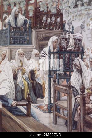 Jésus déroule le Livre dans la Synagogue (Jésus dans la synagogue) James Tissot (français, 1836-1902). Jésus déroule le livre dans la Synagogue (Jésus dans la synagogue), 1886-1894. Aquarelle opaque sur graphite sur papier vélin gris, image : 10 11/16 x 7 9/16 po. (27,1 x 19,2 cm). Dans la narration de Luc, Jésus retourne à Nazareth, la ville de son enfance, et va à la synagogue le sabbat. À la lecture d’un passage d’Ésaïe, il se déclare l’accomplissement des paroles du prophète, comme moyen de rédemption et de guérison pour les marginalisés, affligés et opprés Banque D'Images